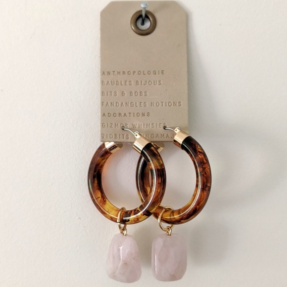 Anthro NWT Tortoise Shell & Rose Quartz Hoops - Picture 3 of 4